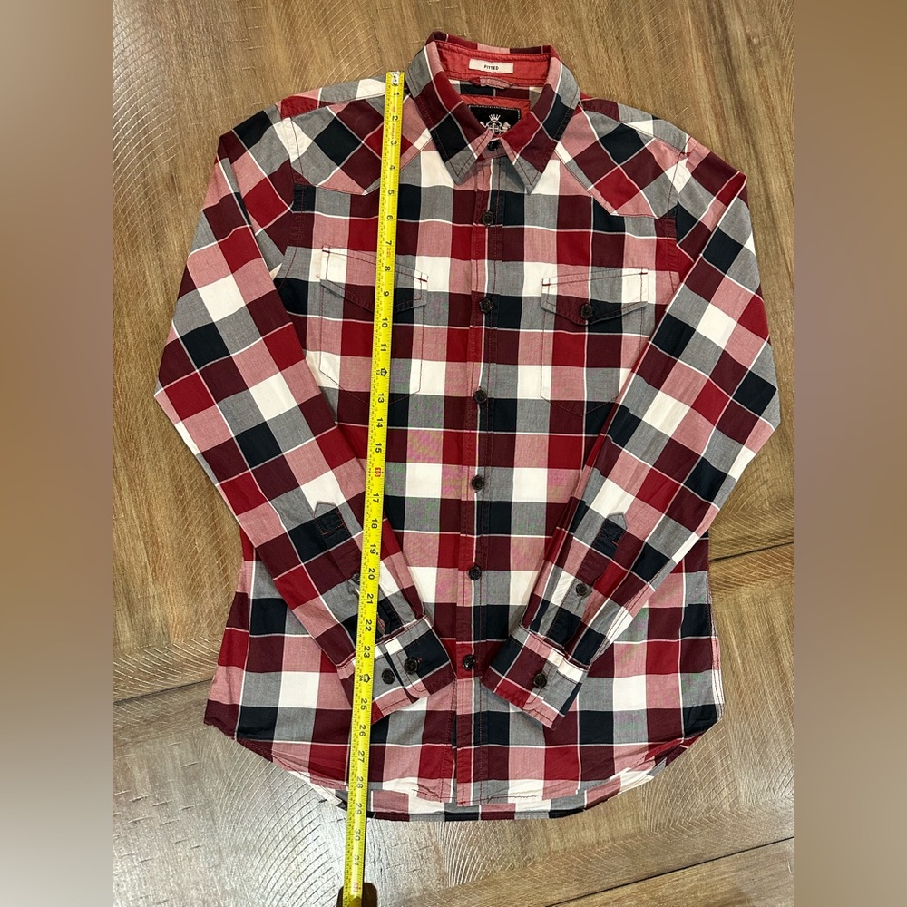 Express Men's Maroon/ White Plaid Button Up Fitted Shirt Size M Front Pockets - Picture 10 of 16